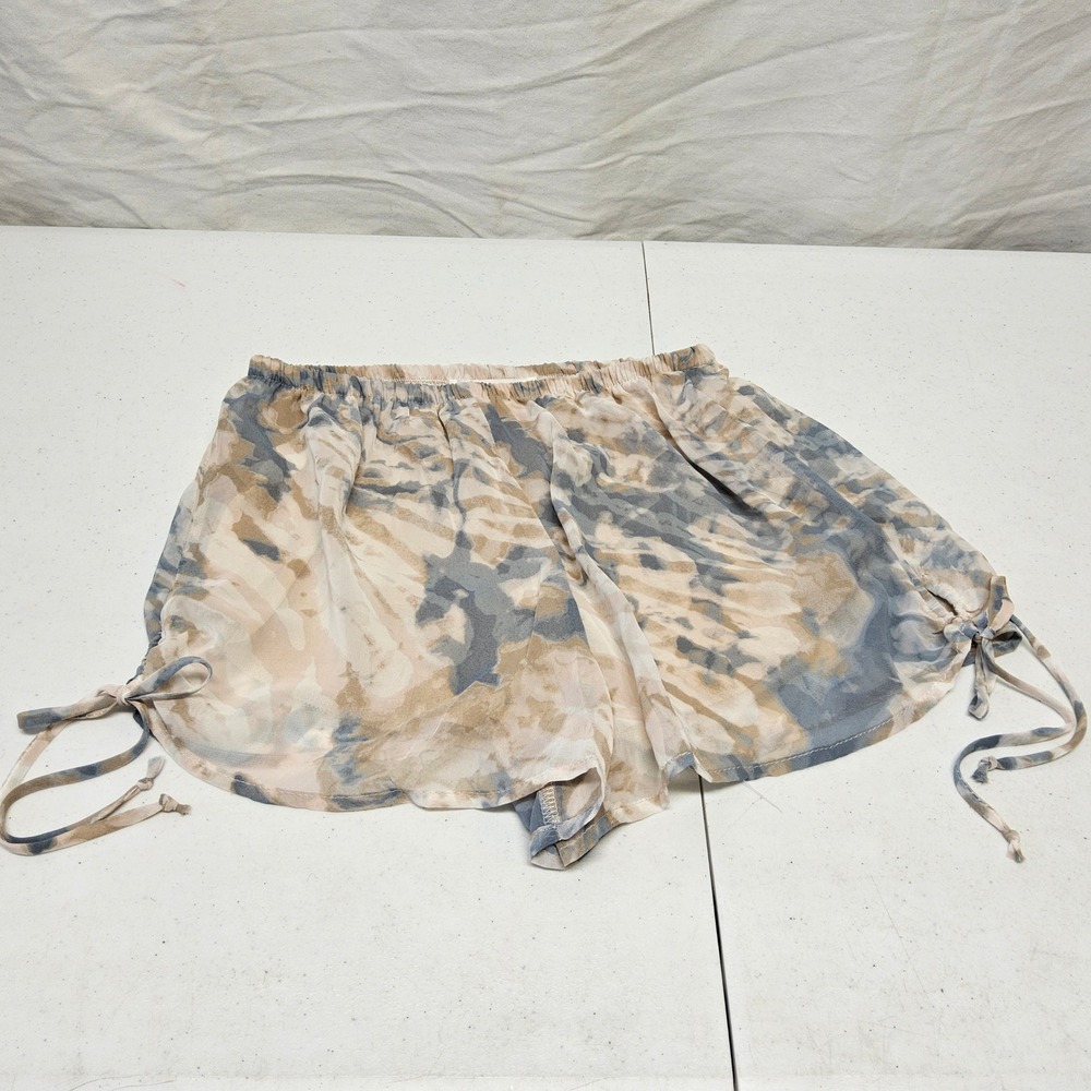 Honey Punch Shorts Womens Small Blue Tan Abstract‎ Ruched Side Elastic Waist USA